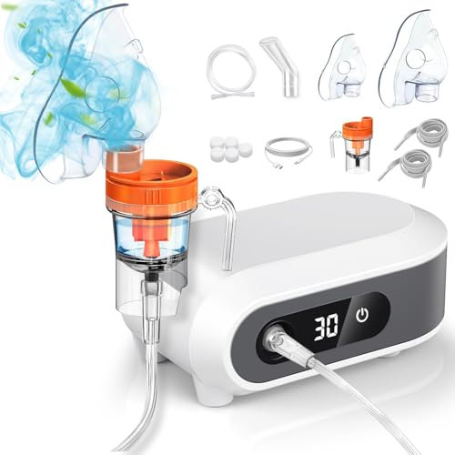 Nebulisateur Portable pour Adultes et Enfants, Nebulisateur à Ultrasons à Compresseur Silencieux Inhalateur avec Affichage Numérique e Minuterie Aerosol Bebe avec 2 Masques et Embout Buccal (Gris)