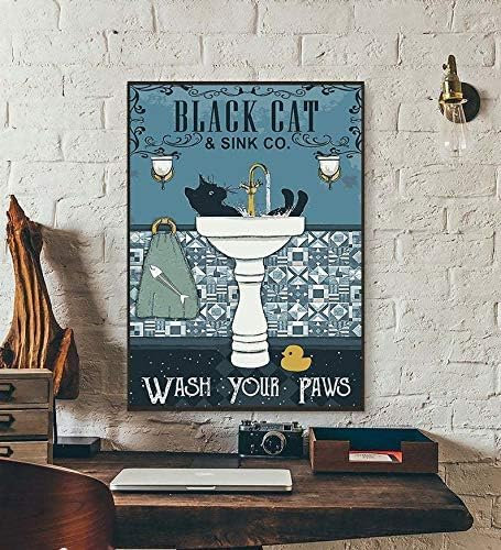 SMAZDFXX Black Cat & Sink Co. Vintage-Katzenschild – „Wash Your Paws, Kunstdruck, Badezimmerdekor, lustige Wandkunst, 20,3 x 30,5 cm