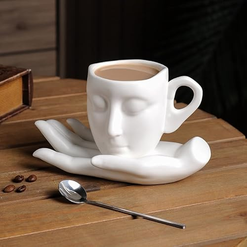 SJTJSPX Kaffeetasse Porzellan Kaffeebecher mit Unterteller und Löffel, für Tee Kaffee Cappuccino Milch, Wasser, Kreative Skulptur Gesicht Espressotassen für Mutter freundin Geburtstag Valentinstag