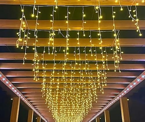 WoskjXas Solar Eisregen Lichterkette Außen 5M 256 LEDs Eiszapfen Lichterkette Wasserdichte Vorhang Lichter mit 8 Modi Timer Fernbedienung, Außen Eiszapfen Weihnachtsbeleuchtung [warm weiß]