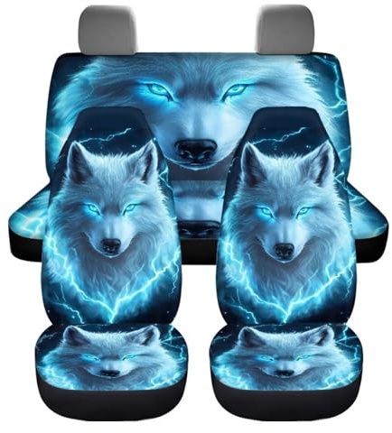 Wnbucioht Neon Wolf Blaue Autositzbedeckung Set für vorne und hinten 4-teilig Universal Automotive Sitzbedeckungen mit blauen Tier Wolf Auto Innenraum Zubehör für Frauen Fahrzeug Eimer Sitze Pads