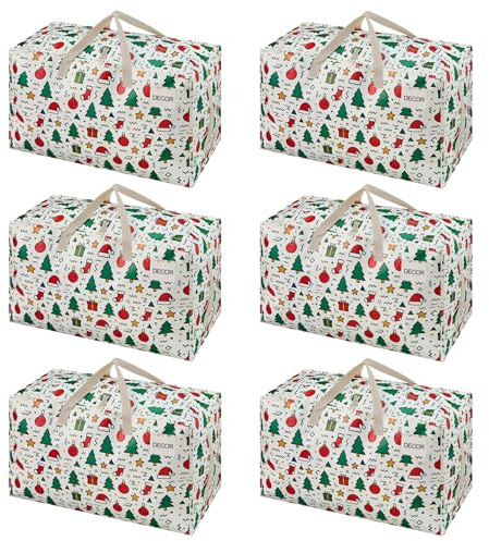 VENO 6 Pack Moving Bags and Large Christmas Decoration Storage Bins with lids. Alternative to Moving Boxes, Packing Supplies for College. Heavy Duty Totes (Jingle Mix, 6 Pack)