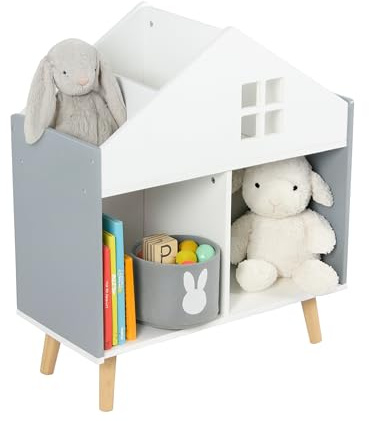 Relaxdays Children's House-Shaped Shelf, 6 Compartments, HxWxD: 65.7 x 60 x 30 cm, Toy Storage, Kids' Room, White/Grey, Fibreboard, Wood