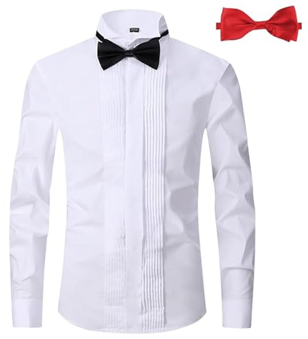 Camisa de esmoquin para hombre, cuello de solapa, camisa con botones, plisado frontal, camisas de ocio, puños franceses con 2 pajaritas, color liso