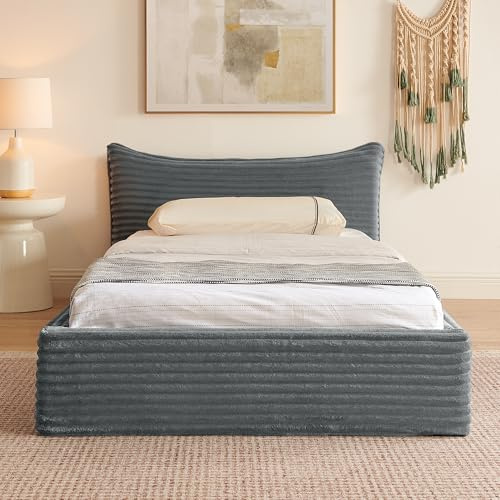 okwish Polsterbett 90x200 Jugendbett mit Bettgestell und Lattenrost - Für Kinder Jugendliche und Erwachsene geeignet - Maximale Tragkraft 200 kg, ohne Matratze, Kordstoff Dunkelgrau