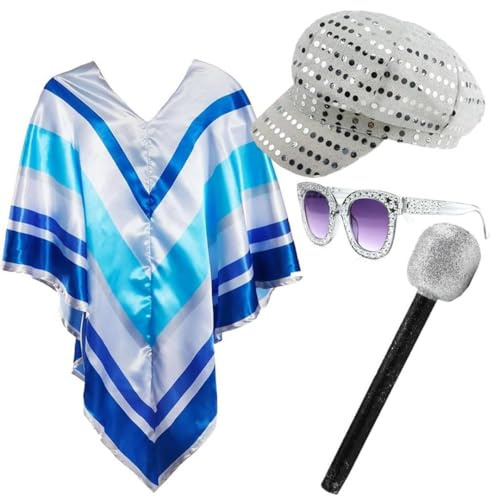 Erwachsenenkostüm der 70er Jahre Pop Queen – Blau & Silber gestreifter Poncho, Brille im Diamant-Look, silbernes Mikrofon-Requisite und silberfarbener Disco-Hut – Damen 70er Jahre Tanzmusik-Ikone