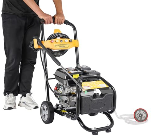 2200PSI Hochdruckreiniger mit 0.92gal Tank & 7.5PS Benzin Motor, 5 Düsen (0°-80°) Benzin Druckreiniger mit Selbstansaugung & Wasserhahnanschluss, 26ft Schlauch für starke Verschmutzungen Haus & Garten