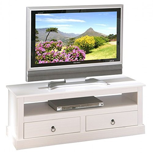PEGANE Meuble TV Design Blanc en Bois Massif - Dim : L 118 x H 45 x P 39 cm