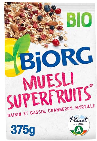 BJORG - Muesli Superfruits Bio - Raisins, Cassis, Myrtilles, Cranberries - Sans Sucres Ajoutés - 375 g