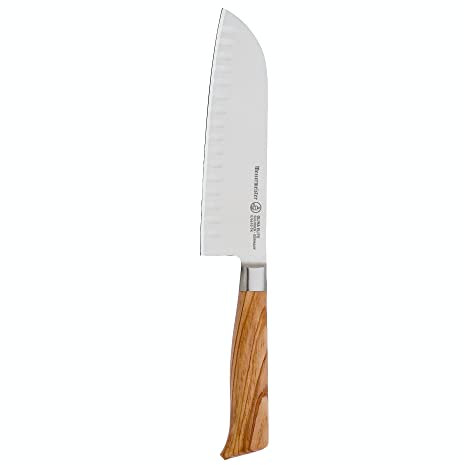 Messermeister Oliva Elite 17,8 cm Kullenschliff Santokumesser, japanisches Kochmesser, deutsche Stahllegierung, mediterraner Holzgriff, rostbeständig und leicht zu pflegen