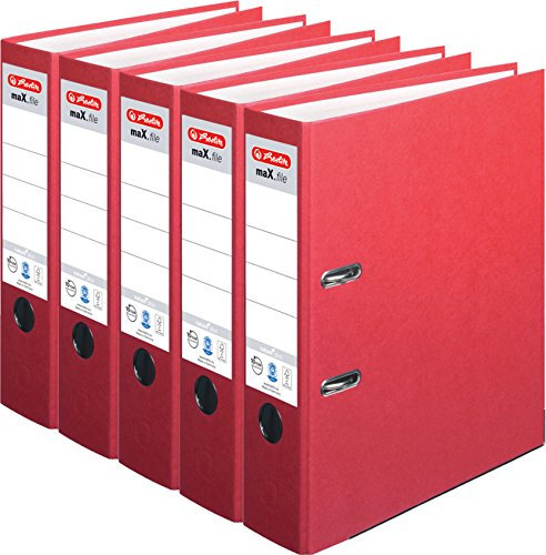 HERLITZ Ordner maX.file nature+ A4 8cm | Kraftpapierbezug selbstklebendes Rückenschild | 5er Sparpack in diversen Farben zur Auswahl (Rot, breit 8cm | 5er Pack)