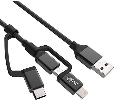 InLine 31415S 3-in1 USB Kabel, Micro-USB, Lightning, USB Typ-C, schwarz/Alu, 1,5m