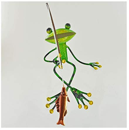 FABULOUS GREEN METAL GARDEN FROG FISHING SHELF SITTING SCULPTURE ORNAMENT FROGS