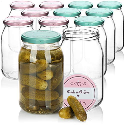 com-four® 12x Einmachgläser mit Schraub-Deckel Made with love in grün und rosa - TO Ø 82 mm - empfohlene Füllmenge ca. 920 ml - bis Glasrand: ca. 948 ml