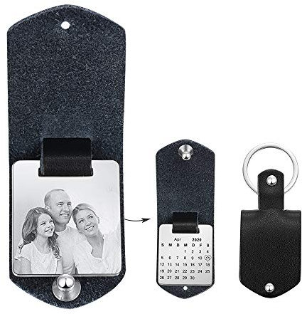 Porte-clés Personnalisé Calendrier Date et Photo Texte Gravé Porte-clés pour Hommes Femmes Cadeau pour Anniversaire Mariage Fête des Pères (Porte-clés Calendrier Noir)