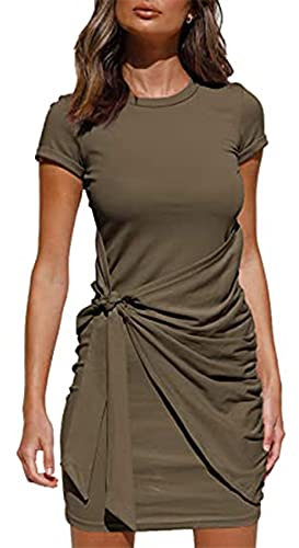 WHZXYDN UnregelmäßIges Kleid Kurzarm Rundhals Plissee Schleife GüRtel