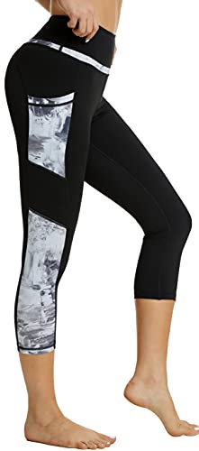 Zinmore Damen High Waist Caprihose Sporthose Tights Yoga Leggings Übung Fitness Workout Leggings mit Handytaschen Schwarz M