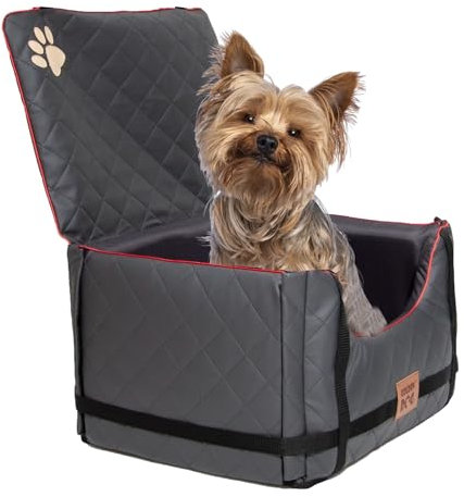 Golden Dog - Transportbox Hund mit Sicherheitsgurt S-45x35x33 cm - Leder Imitation Autositz Hund, Wasserdicht Hundesitz Auto - Beifahrersitz Hundebox Faltbar - Anschnallgurt Hundekorb Auto,Grau