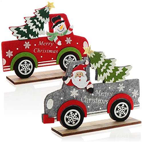 com-four® 2X Weihnachtsdeko aus Filz - dekorativer Aufsteller - weihnachtliche Tischdekoration - Weihnachtsmann und Schneemann mit Auto als Filzfiguren (Pick up - rot grau)