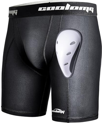 COOLOMG Men Compression Shorts with Athletic Cup Sliding Underwear for Baseball Football MMA Lacrosse Field Hockey Black M