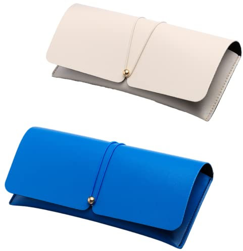 CHENGZI Brillenetui für Damen, weich, tragbar, PU-Leder, schmal, mit Brillentuch und Brillenbeutel, 2 Stück, Beige und Blau, One size