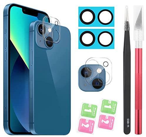 YHX-OU 5.4'' 2 Stück Kamera Linse Glas Ersatz für iPhone 13 13 Mini Kameraglas hinten + 2 Stück für iPhone 13 13 Mini Kamera Schutzfolie Linse Kameraschutz + Pinzette
