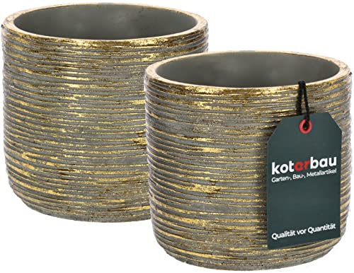 KOTARBAU® Lot de 2 Pots de Fleurs décoratifs en céramique Ronds Ethno Rustique Doré Diamètre 12 cm