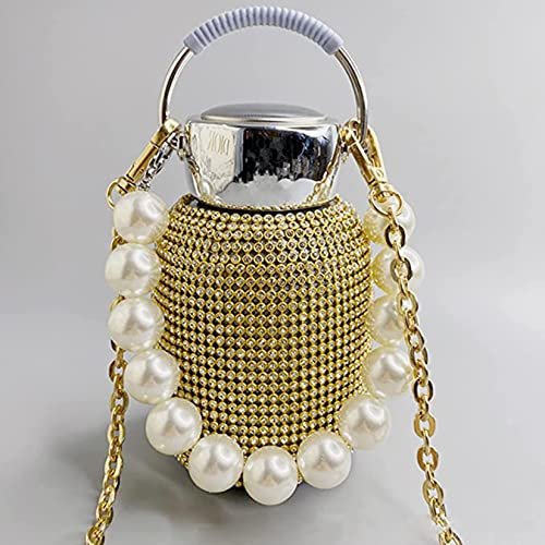 Bouteille D'eau Rignestone Avec Chaîne De Bracelet En Perle En Acier Bling Vace Flask Isulate Thermal Battle Paillettes Bouteille D'eau Pour Femmes Cadeau D'anniversaire De Noël,D'or