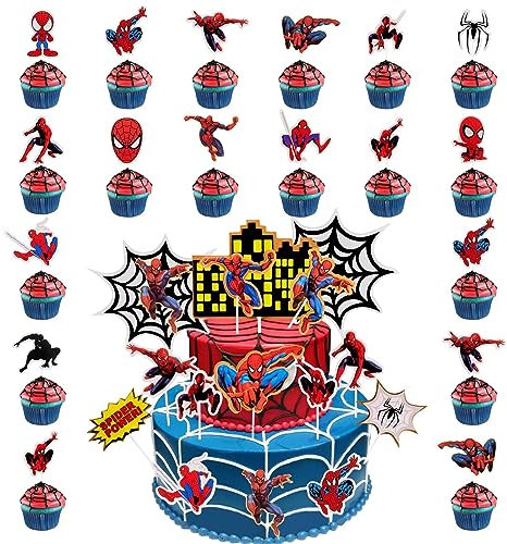 Happy Birthday Topper, 36 Pezzi Decorazioni Torta Compleanno Spider Cake Topper Supereroe Cupcake Decorazioni per Torte Compleanno Festa Topper per Torte per Bambini Ragazzo