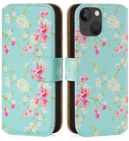 32nd Floral Series 3.0 - Design PU Leather Book Wallet Case Cover for Apple iPhone 15 Plus (6.7), Flip Case With RFID Blocking Card Slots, Magnetic Closure and Built In Stand - Spring Blue