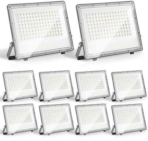 Herrselsam 10x100W Strahler Außen, LED Flutlicht 6000K Kaltweiß Superhell 9900LM Außenstrahler mit 1M Langem Kabel, LED Fluter IP65 Wasserdicht für Außen & Innen (Kein Stecker)