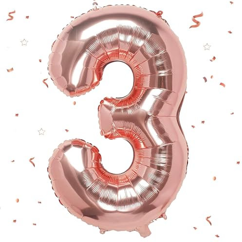 Luftballon 3. Geburtstag,Zahlen 3 Luftballon Rosegold, 40 Zoll XXL Roségold Folienballon Hell Pink Zahlenballon 3 Helium Ballon, Luftballon 3. Geburtstag für 3 Jahre Geburtstagsdeko Junge Mädchen