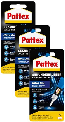 Pattex Sekundenkleber Ultra Gel, extra starker & flexibler Superkleber, stoß- & wasserresistentes Sekundenkleber Gel für z. B. Gummi, Leder, Holz, 1 x 3g (Packung mit 3)