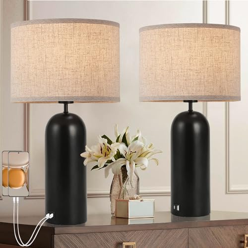 Tischlampen, 2er-Set, Touch-Steuerung, Schwarz und Creme, Tischlampen, 3-Wege-Dimmbare Lampen mit USB-A+C-Anschlüssen, moderne Endtischlampen für Wohnzimmer, hohe Nachttischlampen für Schlafzimmer,
