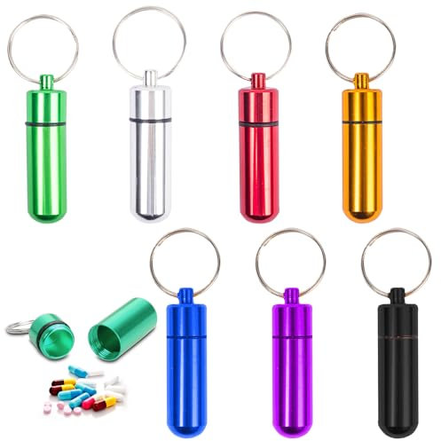 Boîte à Pilulier en Aluminium - Porte-Clés, 7 Pièces, Mini Boîte à Pilules, Bouteille de Poche pour Usage Quotidien et Camping