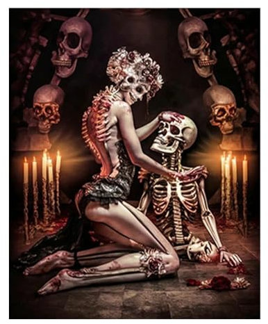 DCIDBEI 40x50CM Diamond Painting Couple Crâne, Rond Tableau Strass Diamant Tête de Mort pour Adultes, Canevas Diamant Femme Crâne, Diamond Art Craft pour la Décor Mural à la Maison