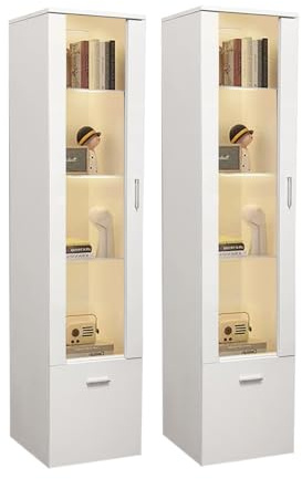 Sossiyule Set di 2 vetrine a LED con porta e ripiani in vetro, luci per il soggiorno e l'ufficio, 42 x 30 x 160 cm (Bianco)
