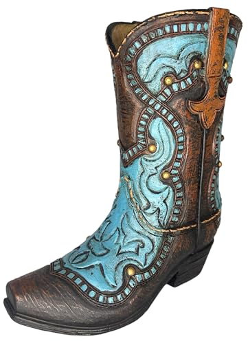 Cowboystiefel-Blumenvase, 22,5 cm hoch, mit Lederdetails und blaugrünen Akzenten, dekorativ, modern, rustikal, Western-Dekor, Blumen- oder Stand-Alone-Dekoration