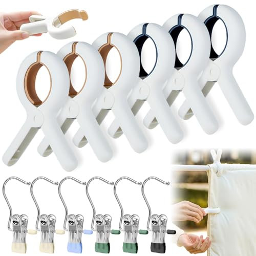 Qixuer Grandes Clips De Toalla, 6 Piezas Grandes Clips De Toalla De Baño con 6 Piezas Playa Ganchos De, Pinzas para Toallas De, Ropa Gruesa, Ropa De Cama, Gorras, Calcetines