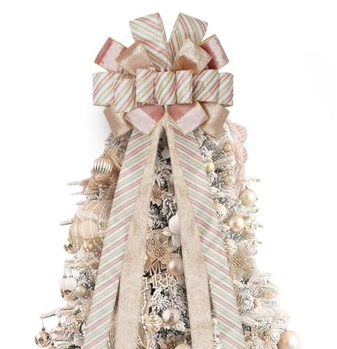 Joeoy Rose Gold Christmas Tree Topper Bow, 53x 13 Large Handmade Decorative Bows with Glitter Velvet Wired Ribbon Long Streamer for Christmas Tree Holiday Home Decoration
