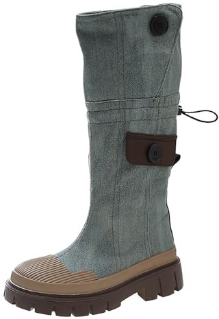 Jeans da donna con tacco, stile vintage, da equitazione, con plateau e plateau, da cowboy, da donna, invernali, da lavoro, stivali alti al ginocchio, taglia 36-40, Blu, 39