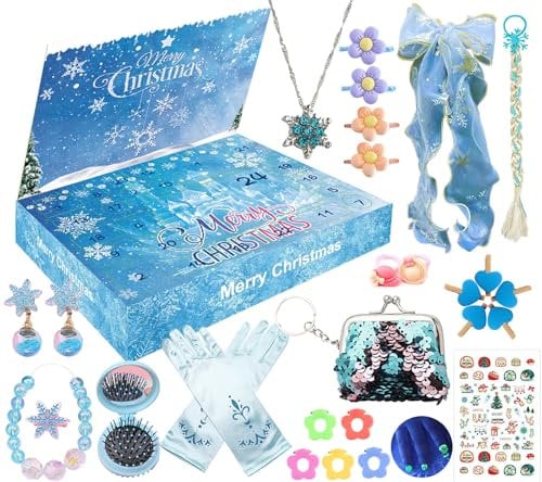 Adventskalender 2024 für Mädchen 24 Füllungen Weihnachten Countdown Kalender Surprise Geschenk mit Halskette Haarschmuck Geldbörse usw