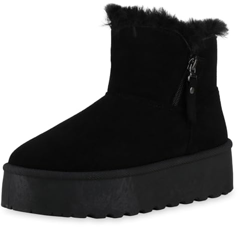 VAN HILL Damen Winter Boots Plateau Kunstfell Bequem Schuhe 216519 Schwarz 39