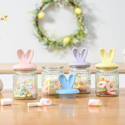 FESTGLOX Oster-Süßigkeiten-Gläser aus Glas mit Keramik-Hasenohr-Deckel, 4 Stück Versiegelungsgläser in Pastellfarben zur Aufbewahrung, Mini-Eier, Kekse, Tablett, Tischdekoration, Küche,