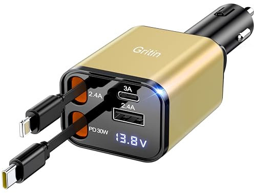 Gritin 4 in 1 Zigarettenanzünder USB C 69W Auto Ladegerät Adapter Kfz 12V, Camping Wohnmobil Auto Zubehör, Travel Essentials mit Spannungsanzeige, Car Accessoires für iPhone & Galaxy usw. - Gelb