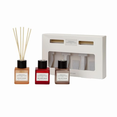 French Connection Square Range Scented Reed Diffuser Gift Set | Luxury Home Fragrance with 6 Reeds | Long-Lasting Aroma | Set of 3 x 50ML – Apricot & Peach, Praline & Cream, Ruby Cherry & Merlot
