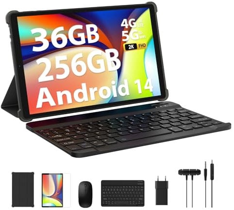 LEVIRTU Tablet 10,4 Pollici Android 14 con 36GB RAM+256GB ROM (2TB TF) Octa-Core 2.0 GHz, 2K FHD,4G LTE+5G WiFi, GPS, 13MP+8MP, 8000mAh, Widevine L1, Tablet in offerta con tastiera-Noir