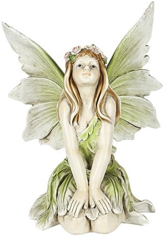 Pevfeciy Elfen Figuren Feen Statue Harz Gartenfiguren & gartenstatuen Gartendeko für draußen,Europäische kreative Gartenfeen-Ornamente,Sitzende Elfen Skulptur mit Flügeln H 26cm,Grün,B