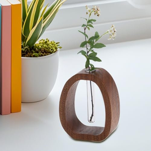 Blumenvase aus Walnussholz und Glas, Massivholz-Glasvase, transparentes Reagenzglas, kleine Blumenvasen, Hydrokultur-Blumentopf aus Holz für Zuhause, Tisch, Schreibtisch, Dekoration, 15 x 12 x 4 cm