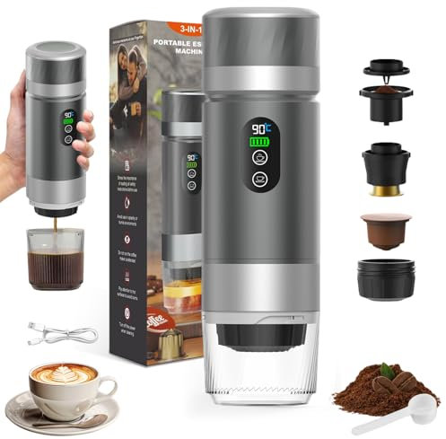 Vtizikl Portable Coffee Machine, 3-in-1 Travel Espresso Machine, Compatible with Small & Large Capsules, Ground Coffee, Self-Heating, USB-C, Ideal for Camping, Office & Home (Gray)
